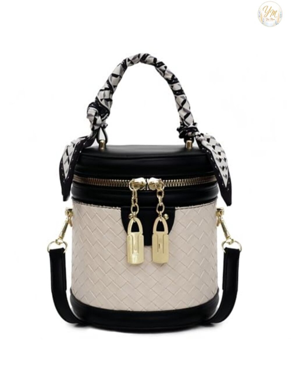 Woven Vegan Leather Mini Bucket Crossbody Bag with Scarf